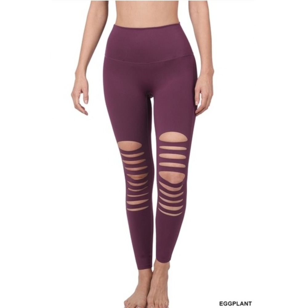 Zenana Eggplant Knee‎ Cut-Out High Waisted Leggings – Edgy, Comfy, & Bold